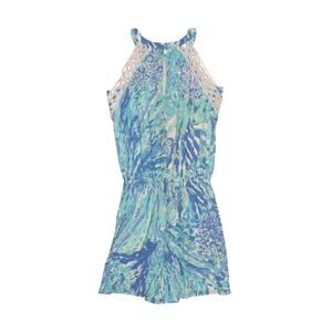 LILLY PULITZER $138 Lace Trim Lala Romper in Hey Hey Soleil Blue Haven XXS